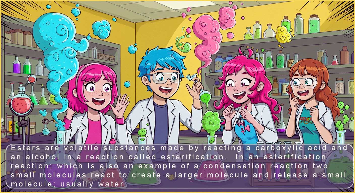 Comic style image showing students making esters in the lab.